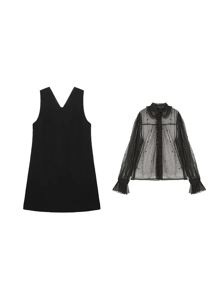 

Chiffon Top Women's Spring New Style Wooden Ears Stitching Pearl Shirt Sleeveless Vest Dress