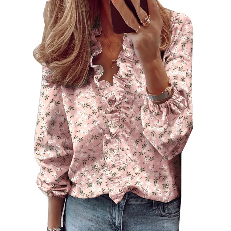 

Summer Fashion Women 's Ruffled Long Sleeve Slim -Fit Printed Shirt