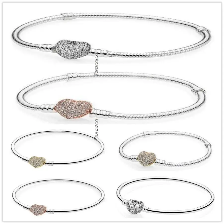 

Authentic 925 Sterling Silver Bangle Moments Pave Heart Clasp With Crystal Bracelet Bangle Fit Bead Charm Diy Fashion Jewelry