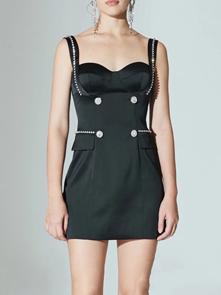 

Retro diamond chain sexy tube top high waist diamond buckle sling dress ladies summer new style bag hip A-line fashion