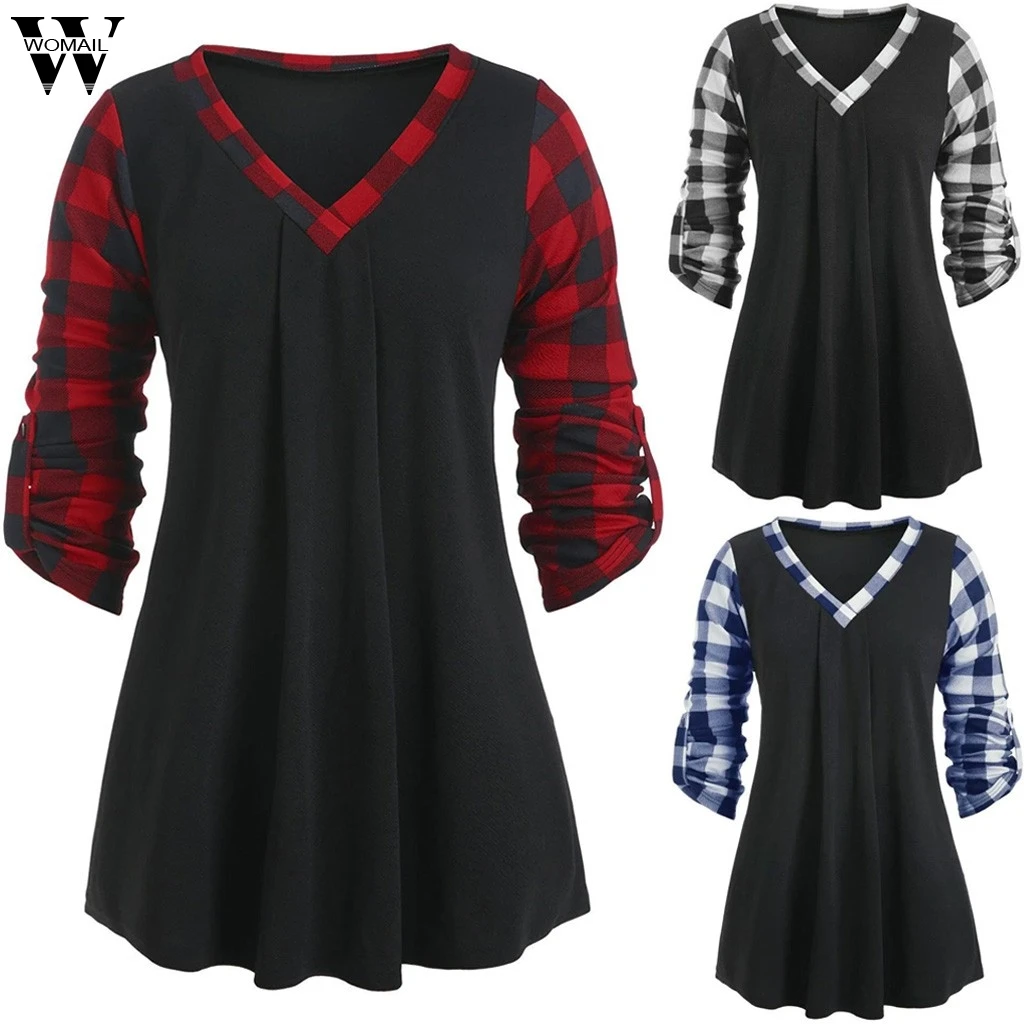 Womail Женская Осенняя рубашка Blusas Feminina на пуговицах с закатанным рукавом в клетку