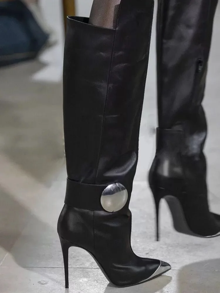 Brown Genuine Leather Winter Boots Woman Sexy Thin High Heels Party Boots Black Silver Metal Toe Matte Genuine Leather Zipper