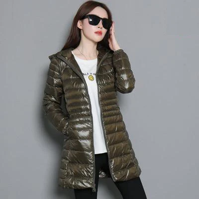 army green 7XL, зимняя женская парка на белом утином пуху, яркие цвета, мягкие куртки, Женская длинная куртка на утином пуху, верхняя одежда, ультралегкие пальто с капюшоном, U542 - Цвет: army green