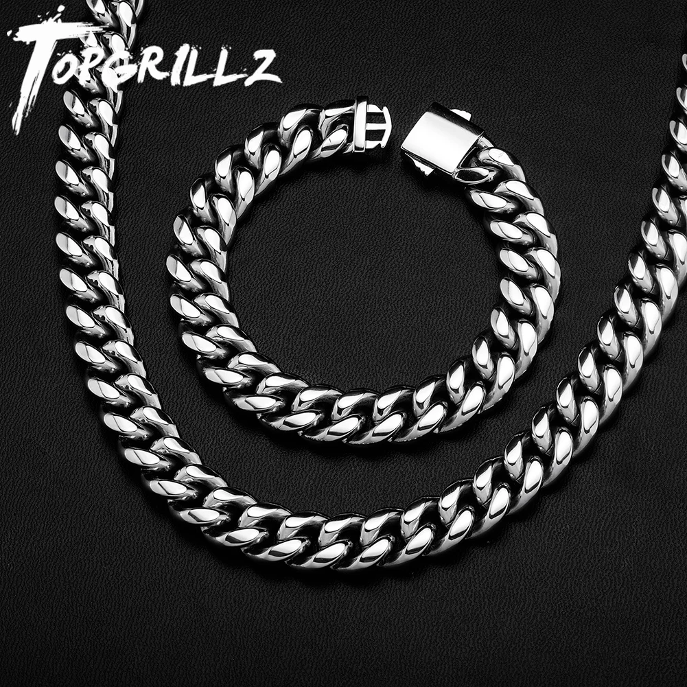 TOPGRILLZ New Jewelry Set 6/10/12/14MM Spring Clasp Stainless Steel Cuban Chain Bracelet Necklace Hip Hop Classic Mens Jewelry