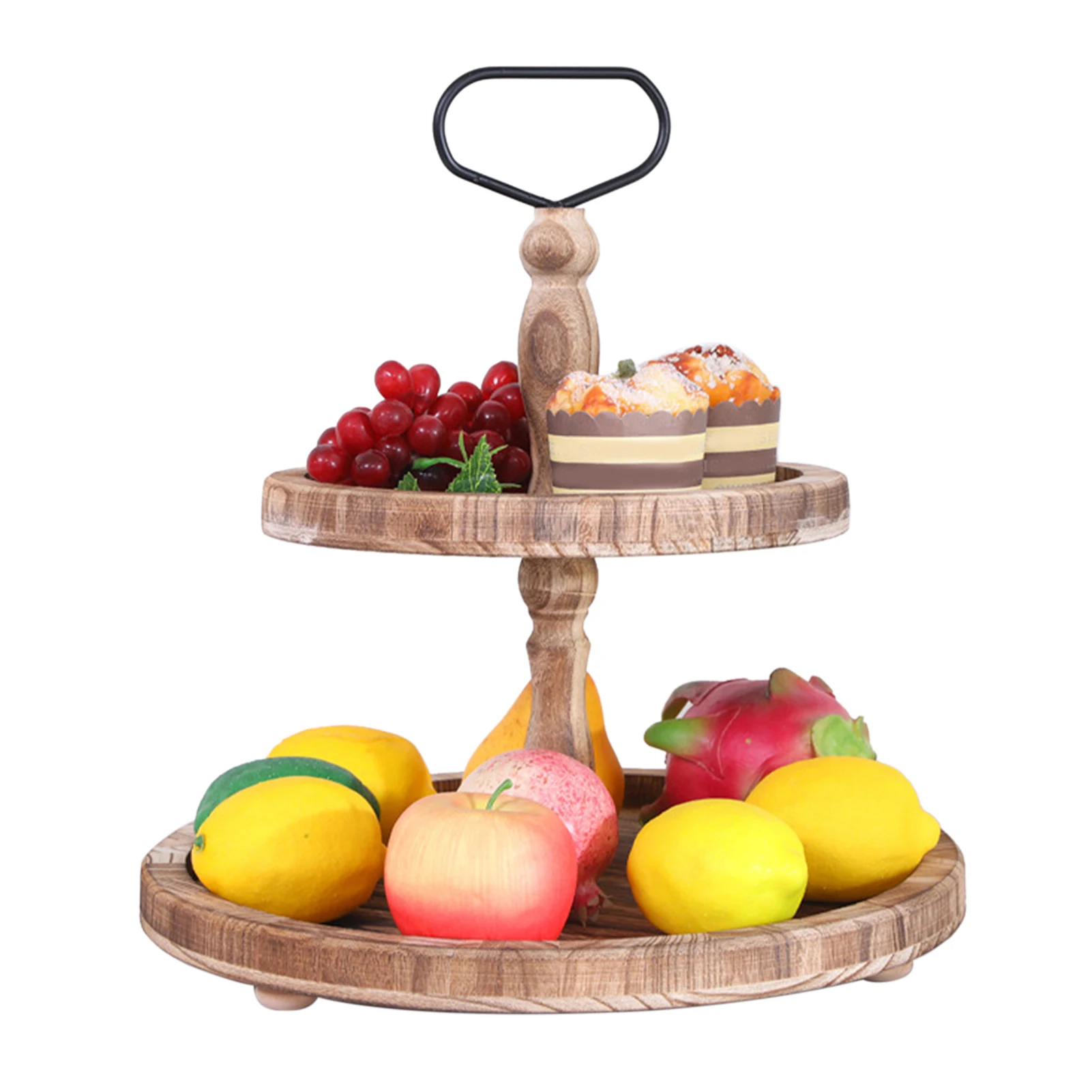

Tea With Metal Handle Breakfast Decorative Organizer Party Table Easy Clean Wood Two Tier Tray Coffee For Kitchen Countertop