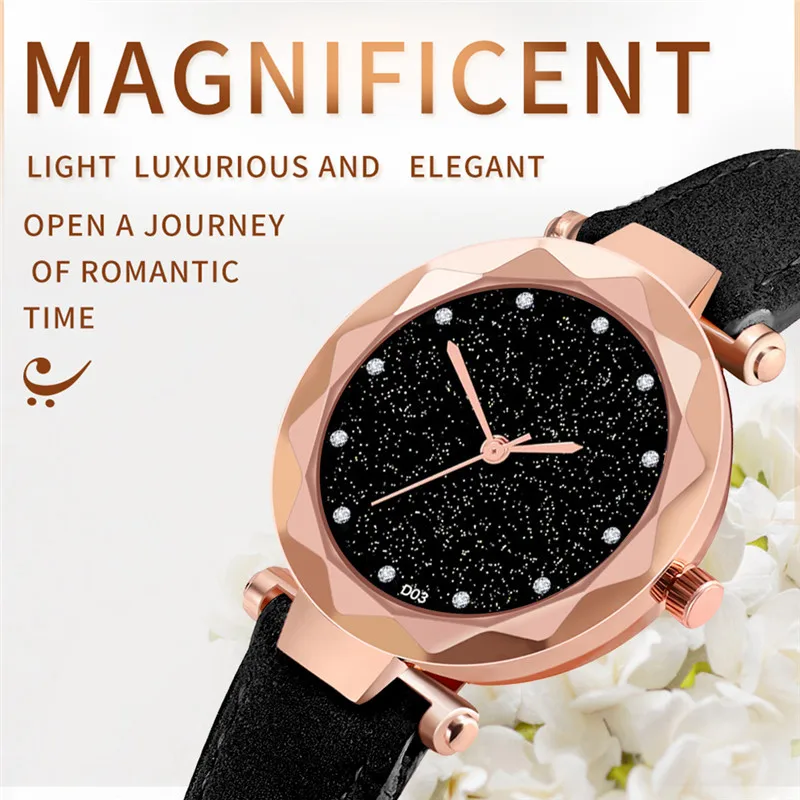 Simple Casual Ladies Watch Matte Leather Diamond Wrist Starry Sky Dial Retro Women creative Fashion Clock relogio feminino | Наручные