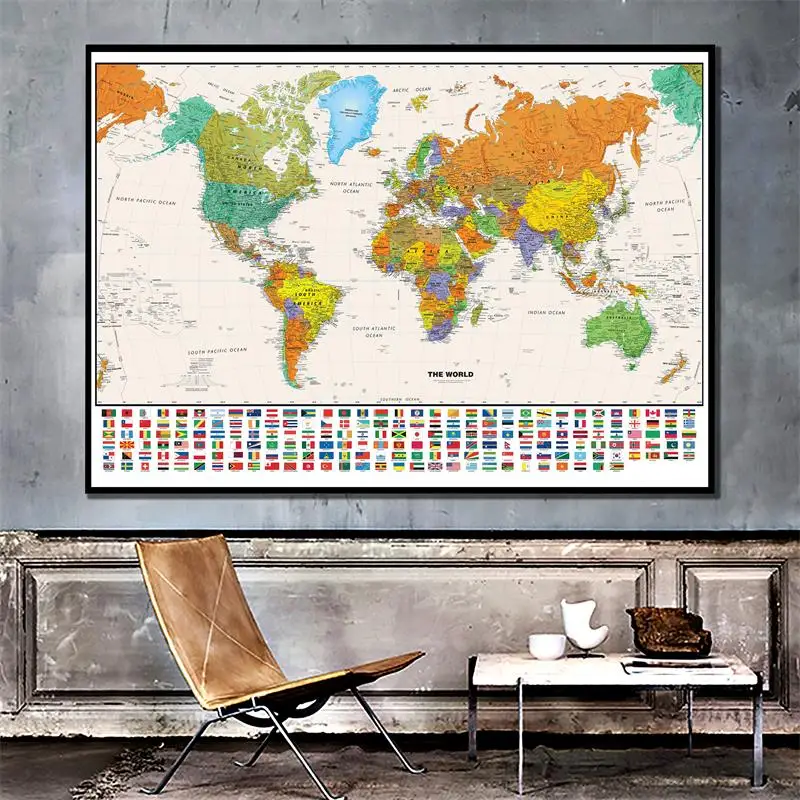 

Retro World Map with National Flag Canvas Painting Posters and Prints Wall Sticker Decoration Foldable Physical Maps Unframed