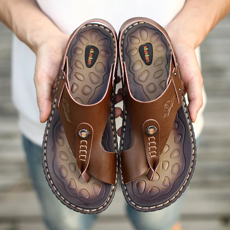 

Summer Men Sandals Mens Leather Sandals Fashion Flat Sandals For Men Leather Men Slippers Beach Water Men's Shoes Big Size 38-47