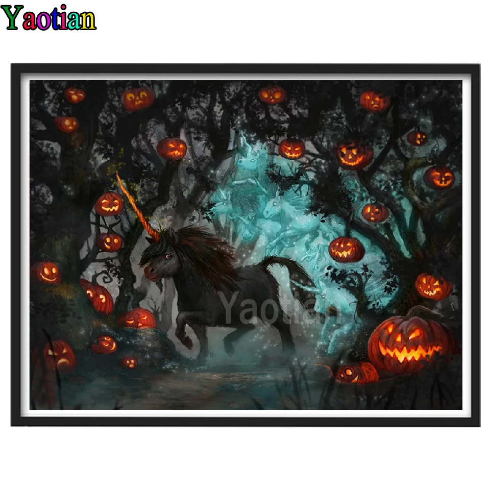 

Алмазная живопись «сделай сам», 5d, новая распродажа, темный тыквенный лес, черный единорог, картины Стразы, алмазная вышивка, распродажа, под...