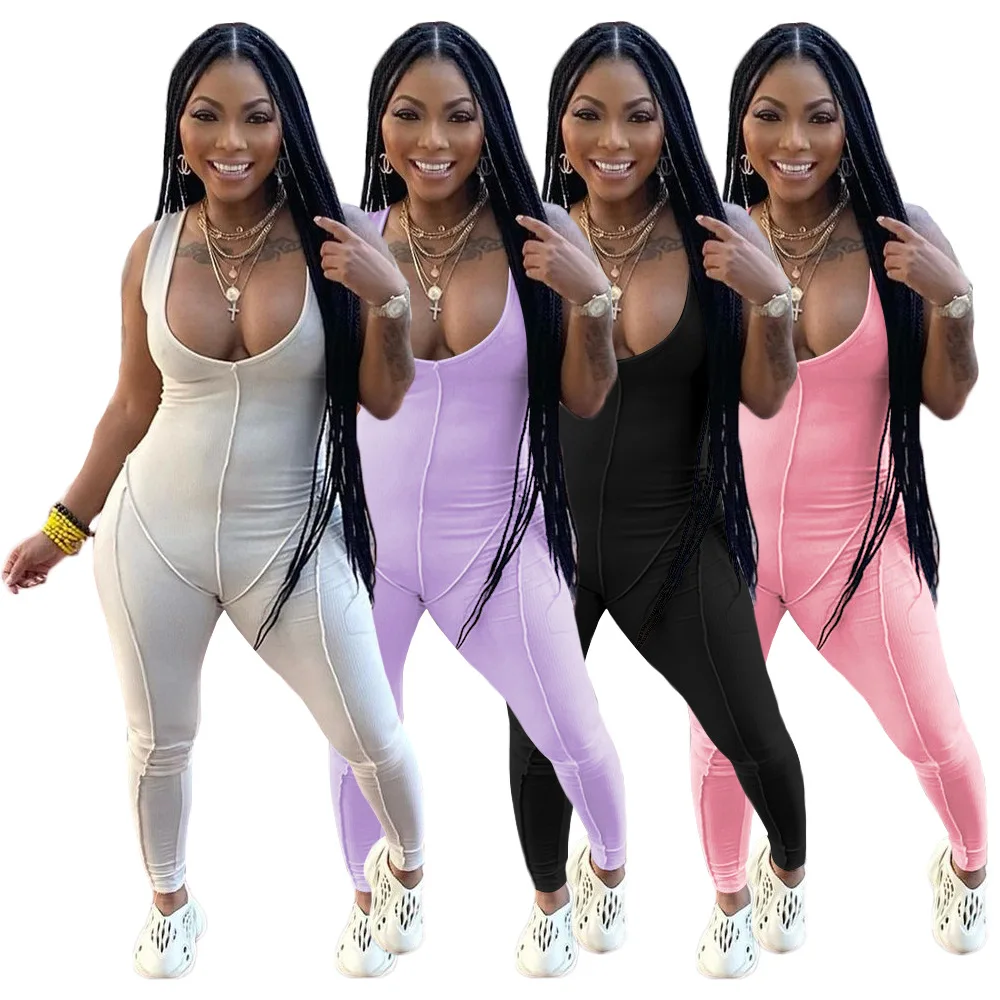 

Summer New Women's Fashion Hot Style Sexy Deep V Casual Curve Rib Pit Strip Tight-Fitting Solid Color Jumpsuit