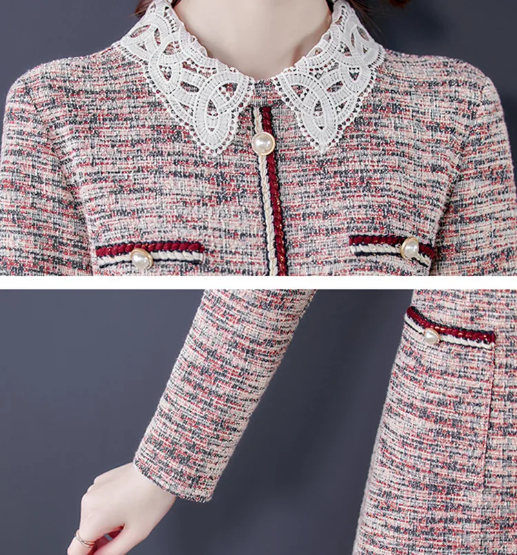

2020 Autumn Winter Runway Designer Tweed Dress Women Vintage Chic Dresses Elegant Doll Collar Long Sleeve Party Dress