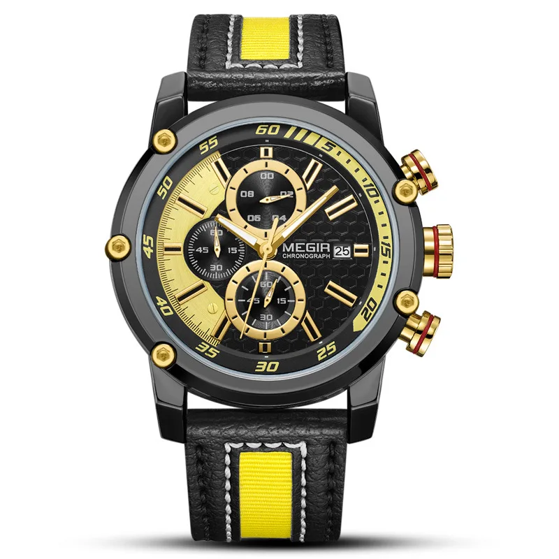 

Leather Strap Men Clock Relogio Masculino Megir Brand Sports Men's Watch Multi-function Chronograph Calendar