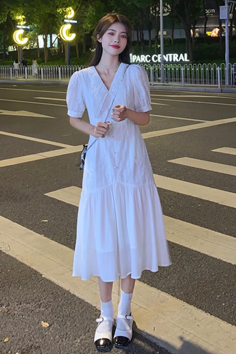 

new summer Korean clothes vintage Women's Clothing lace mid-calf peter pan collar floral High waist A-LINE Simplicity Dresses