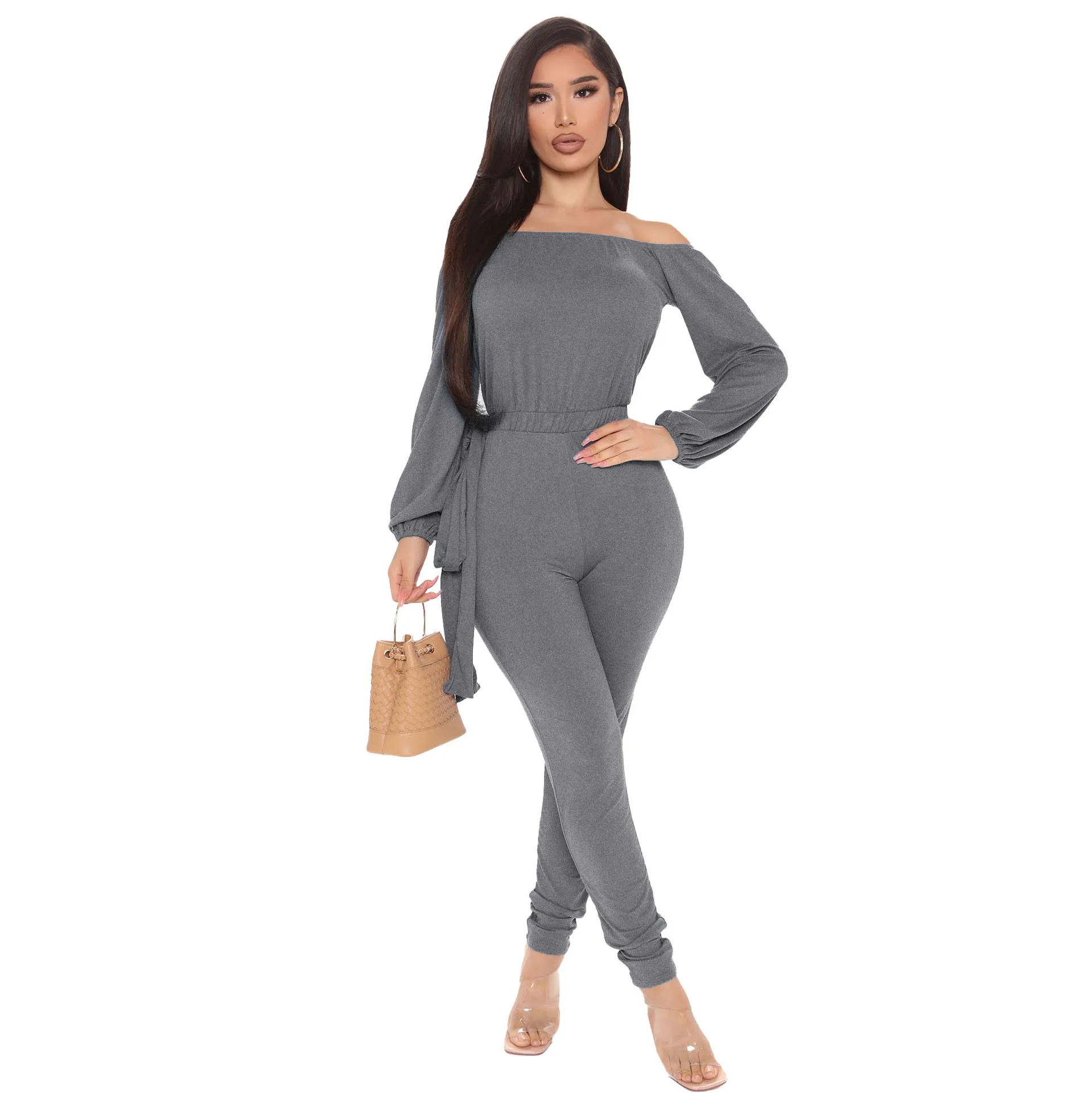 

Women’s Casual Solid Off Shoulder long Sleeve Jumpsuit Crewneck Drawstring Waist Stretchy Long Pants Romper