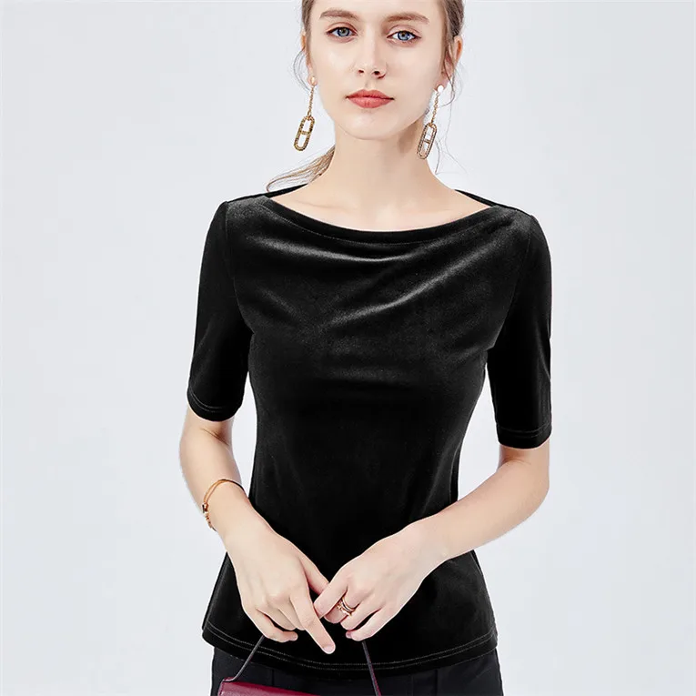 

Autumn new 2022 slash neck top shirts half sleeve office lady velour slim velvet shirt -