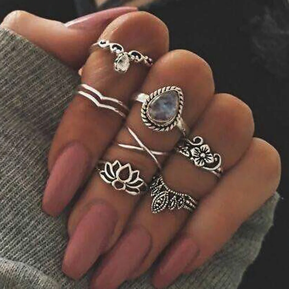 

7 Pcs/Set Hollow Flower Gems Rings Set for Women Aesthatic Vintage Punk Ring Grunge Korean Luxury Jewelry Rings Set for Men
