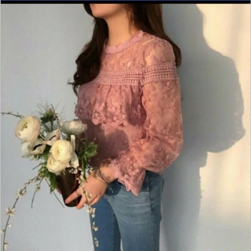 Женская ацетатная блузка с круглым вырезом свободная кружевными рукавами в