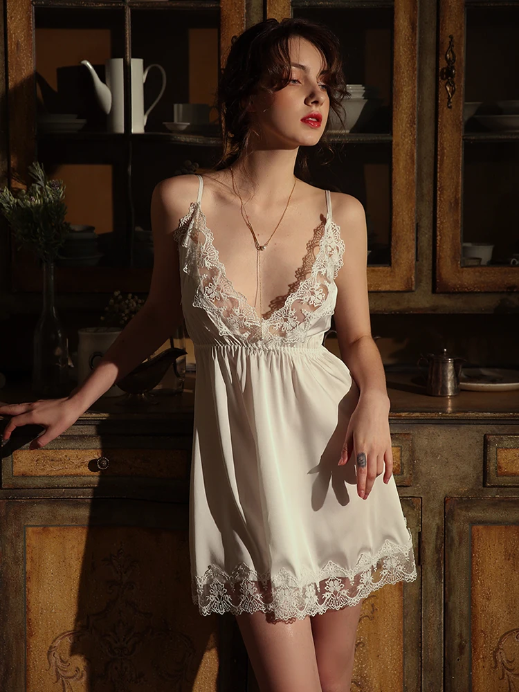 Сексуальная ночная рубашка женская шелковая ткань имитация шелка летнее платье
