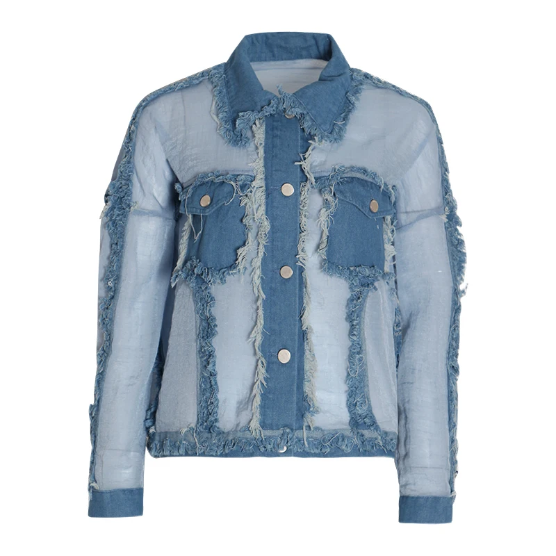 GALCAUR Лоскутная джинсовая рубашка Топы женские с отворотом воротник длинный рукав