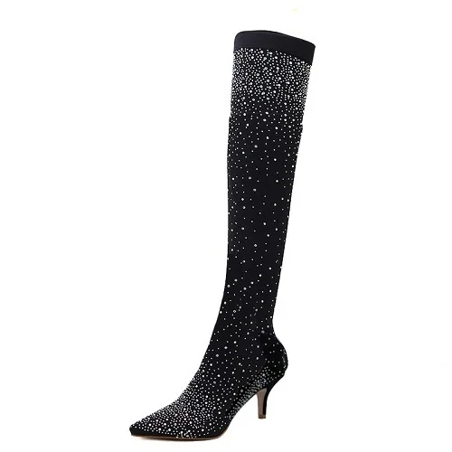 

2021 Fashion Runway Crystal Stretch Fabric Sock Boots Pointy Toe Over-the-Knee Heel Thigh High Pointed Toe Woman Boot