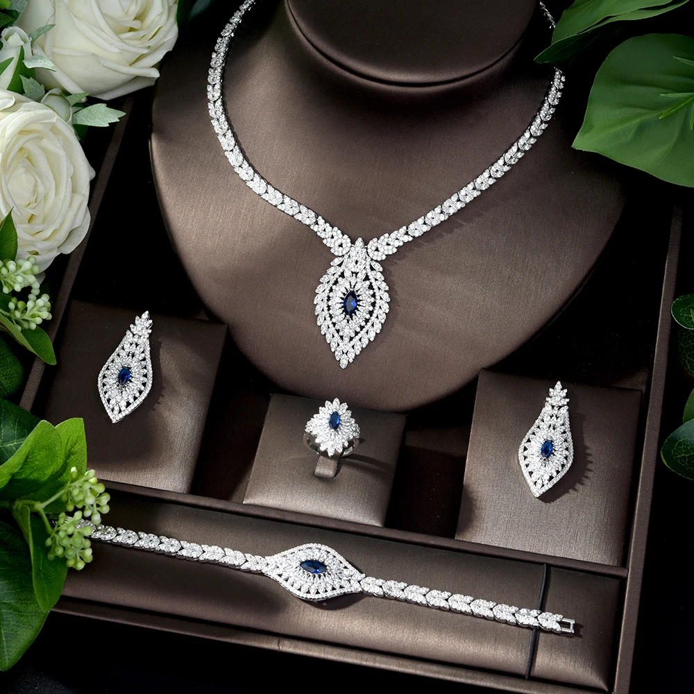 HIBRIDE модный белый свадебный комплект ювелирных изделий огранка маркиза AAA кубический циркон ожерелье серьги браслет полный набор для женщи...