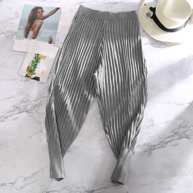 Штаны женские вязаные до щиколотки с высокой талией Осень-зима 2020 | Женская