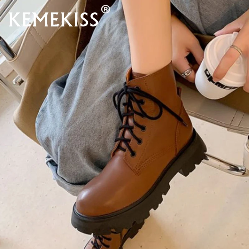 

KemeKiss Real Leather Ankle Boots Shoes 2022 Platform Lace Up Short Boot Fashion Winter Classic Ladies Footwear Size 34-40