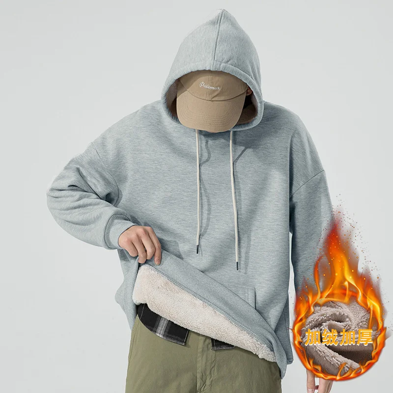 

Sweater men's winter Plush thickened long sleeve sweater men's youth student lamb warm hooded casual men's wear