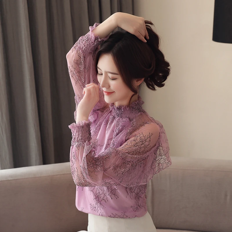

Women's clothing 2021 spring new fashion embroidery lace chiffon shirt simple casual long-sleeved ruffled lantern sleeve top