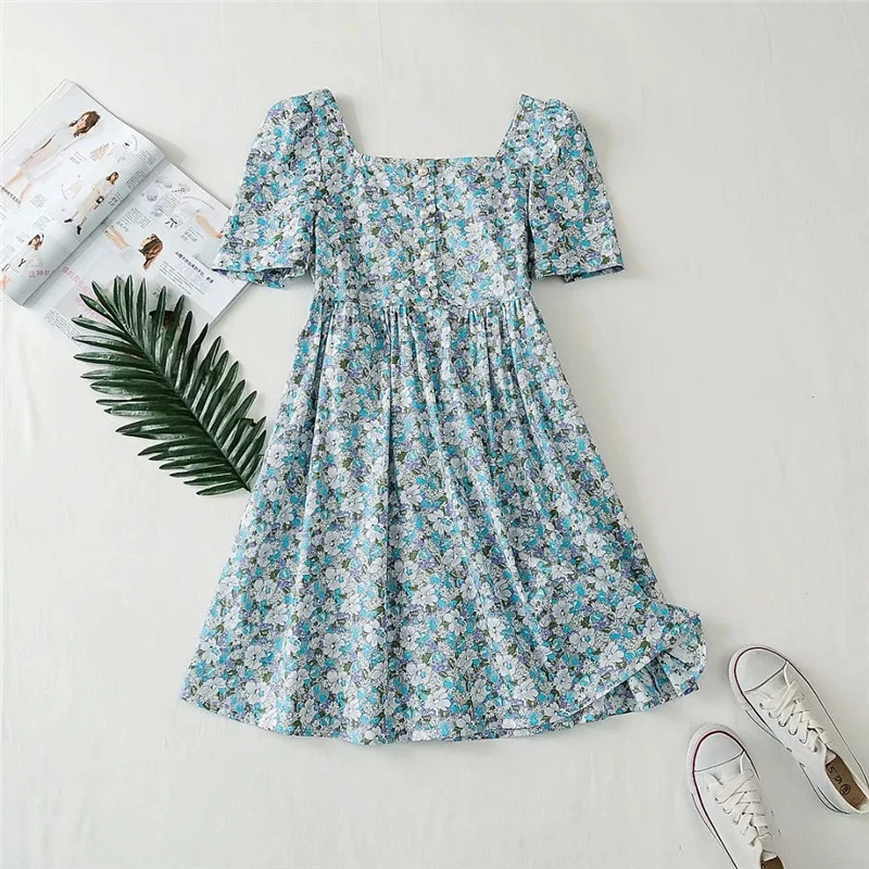 

2020 women fashion floral print short sleeve cotton dress summer chic lady boho style jewellery breasted high waist dresses robe