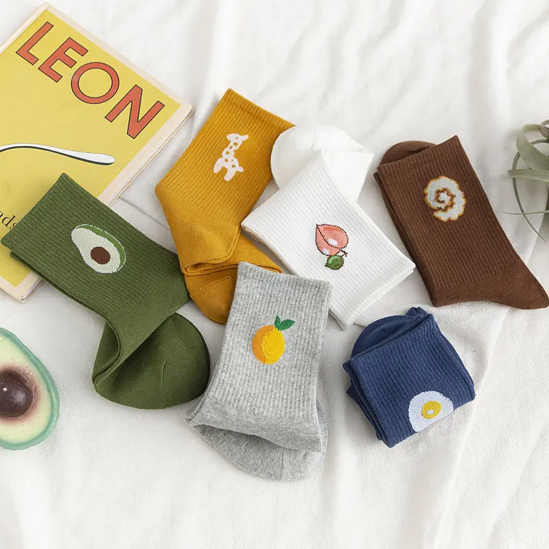

Women Cartoon Fruit Pattern Harajuku Socks Pure Color Concise Leisure Cotton Socks For Ladies Breathable Sweat Absorption Sox