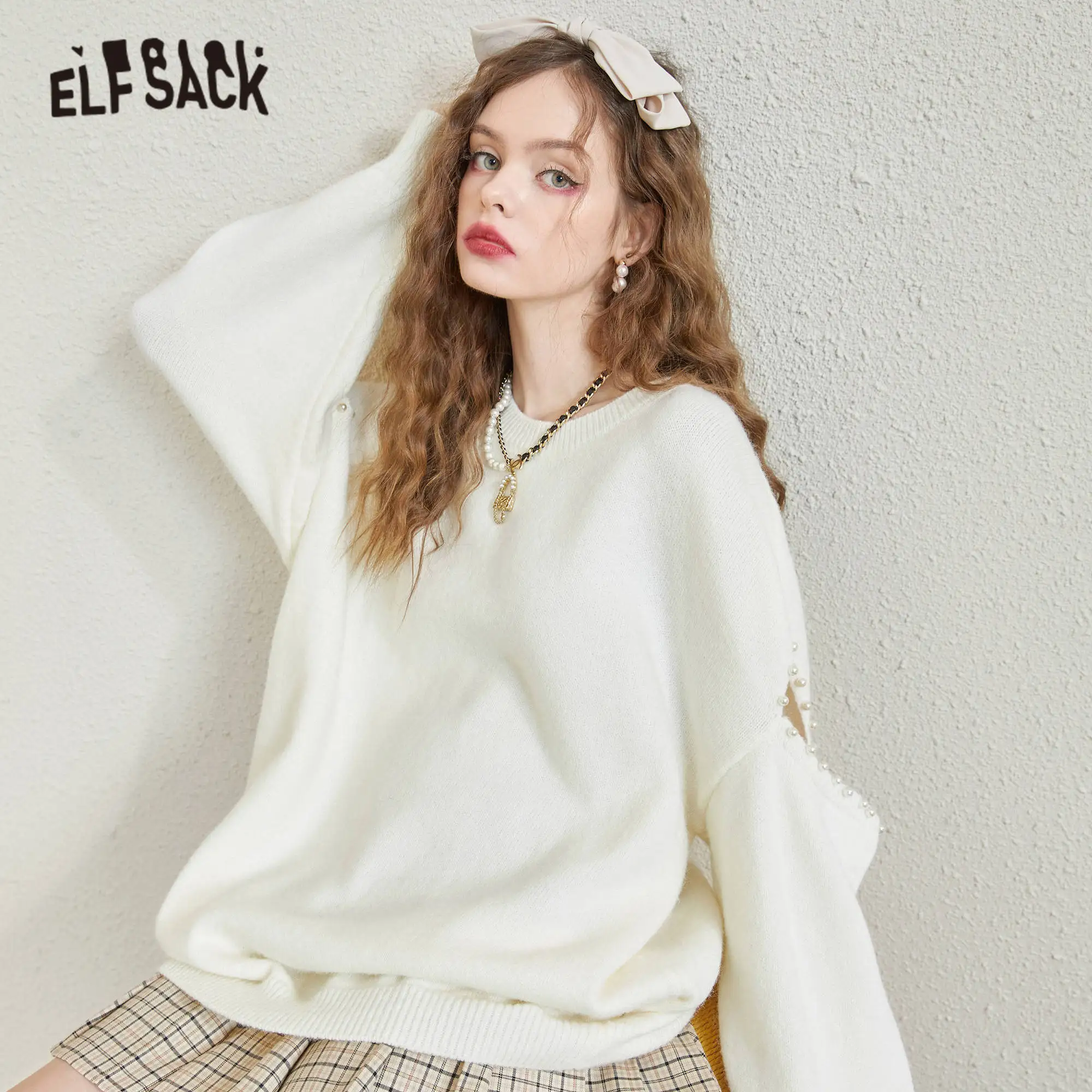 

ELFSACK, сплошная шикарная повседневная трикотажная пуловер с жемчужинами, свитера, осень 2021, винтажный ажурный Повседневный милый топ для дев...