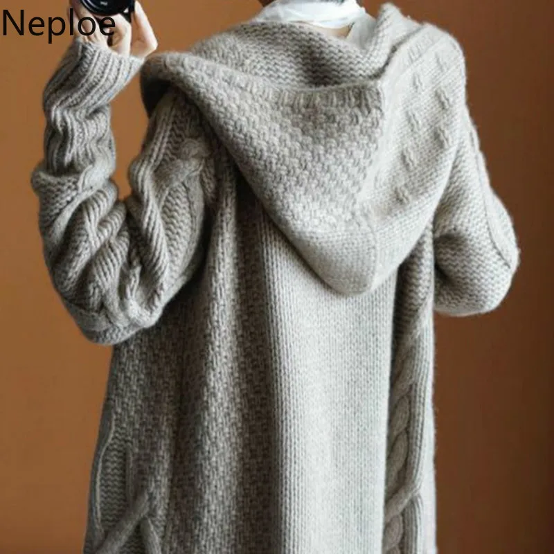 Neploe/осенне-зимний женский с капюшоном толстый вязаный кардиган с длинными секциями, модный однотонный кардиган Abrigos Mujer Inverno 45814