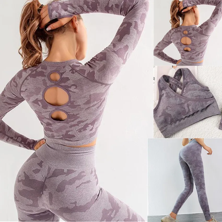 CB1094 purple 3 pcs 3 шт., камуфляжный комплект для йоги с длинным рукавом, спортивная одежда, женская одежда для спортзала, фитнеса, попой, Леггинсы для йоги+ спортивный бюстгальтер, спортивный костюм для спортзала, Femme - Цвет: CB1094 purple 3 pcs