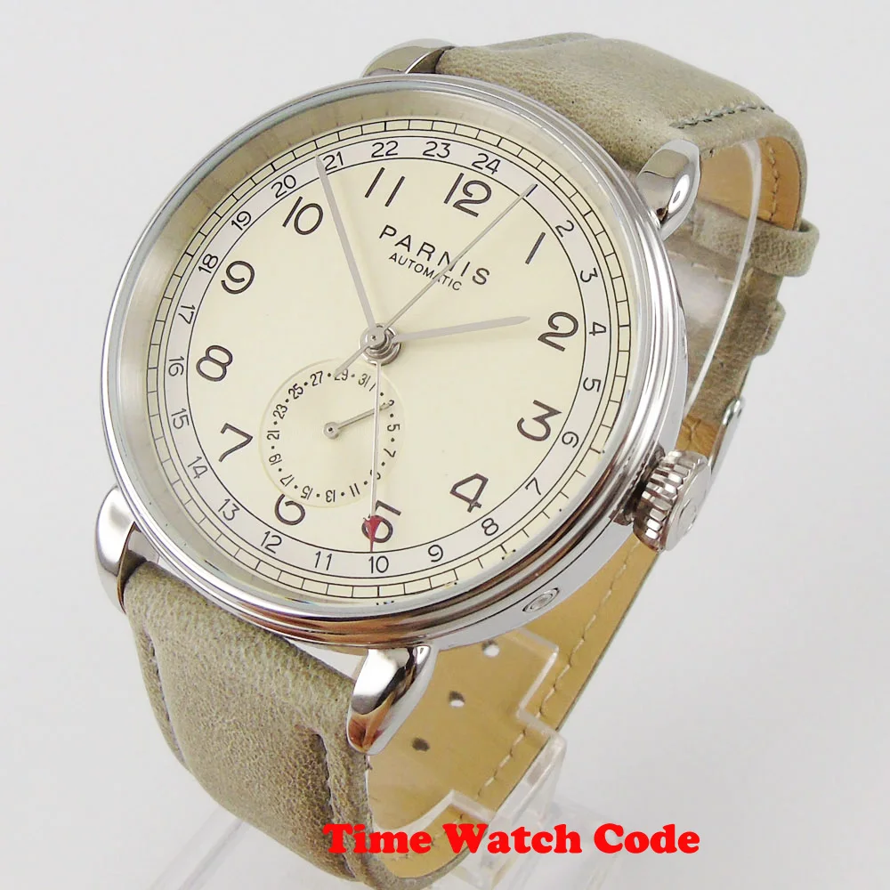 

Мужские автоматические наручные часы PARNIS 42 мм GMT бежевый циферблат индикатор Даты кожаный ремешок полированная рамка 12 часов римские цифры