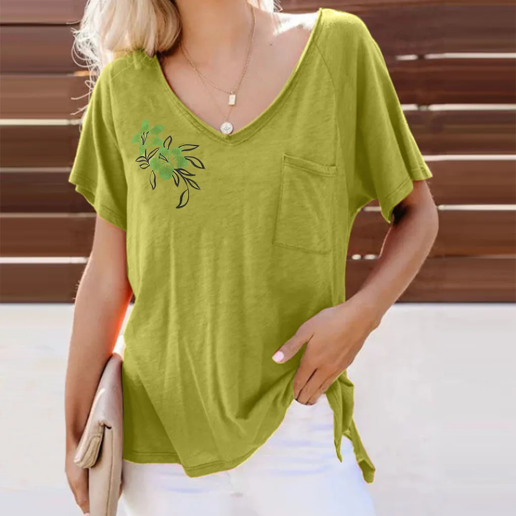 Модная футболка летняя женская с коротким рукавом свободный карман повседневная