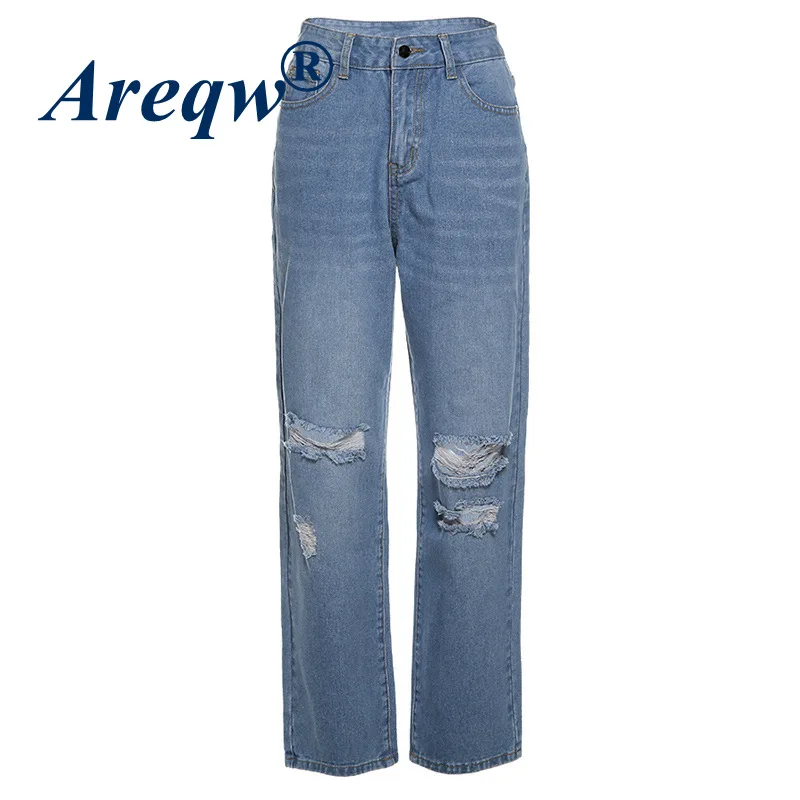 

2021 Spring New Women's Personality Loose and Thin Trousers Street Shot Hole Distressed Wide-leg High-waist Jeans