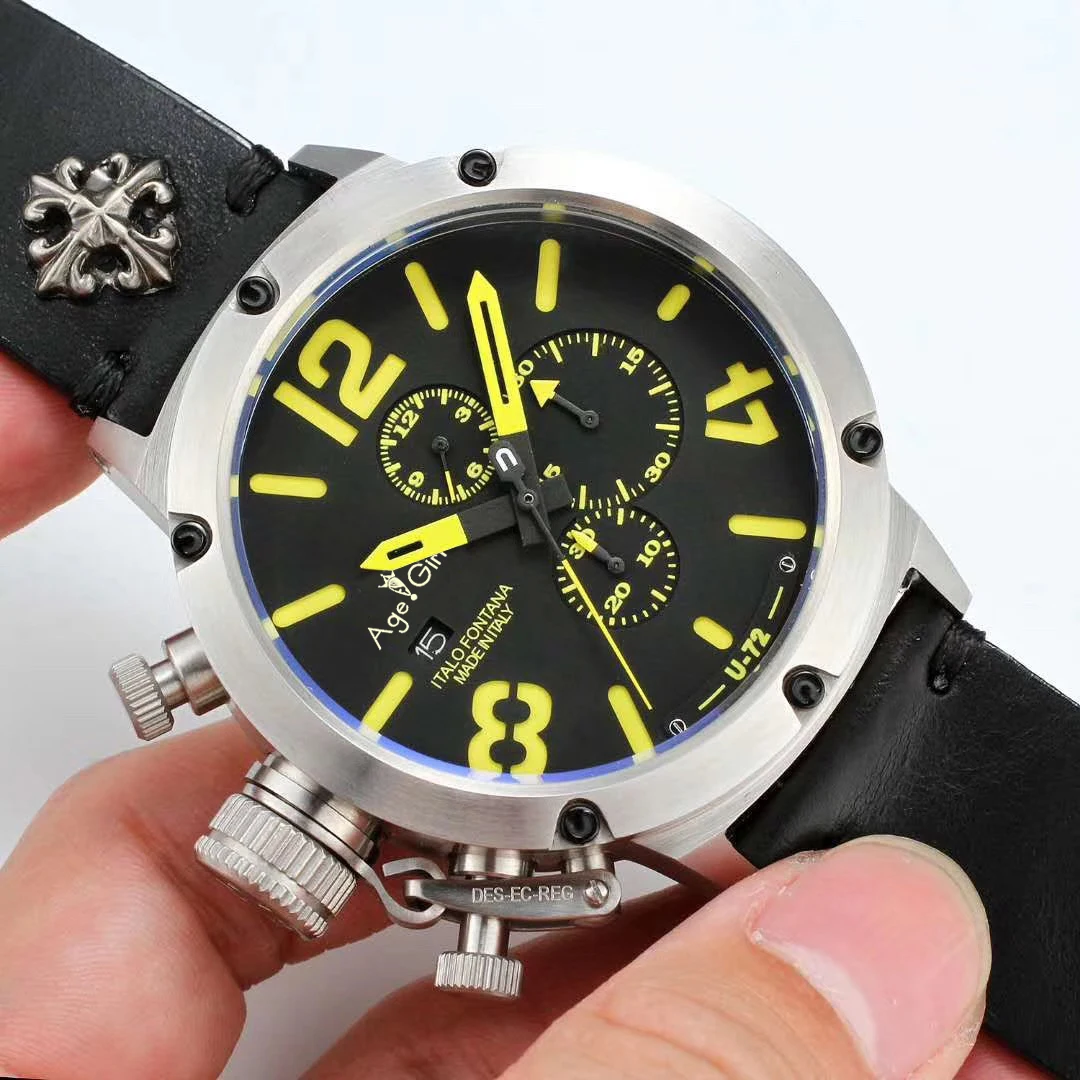Black Yellow Новинка, кварцевые Секундомер-хронограф для мужчин, U CHRONOMETER U1001 U72 Chimera, серебристый, в возрасте, коричневый, корова, черный, кожа, часы для лодок AAA - Цвет: Black Yellow