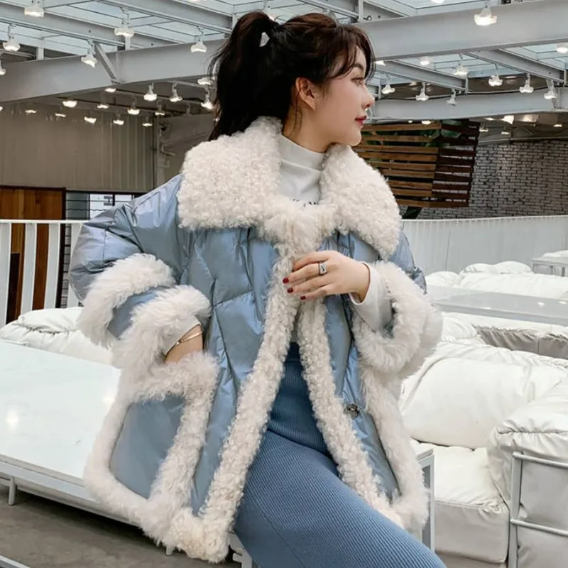 Fenghua зимнее женское пальто модное корейское Женское пальто с меховым воротником из овечьей шерсти Короткое женское повседневное пальто