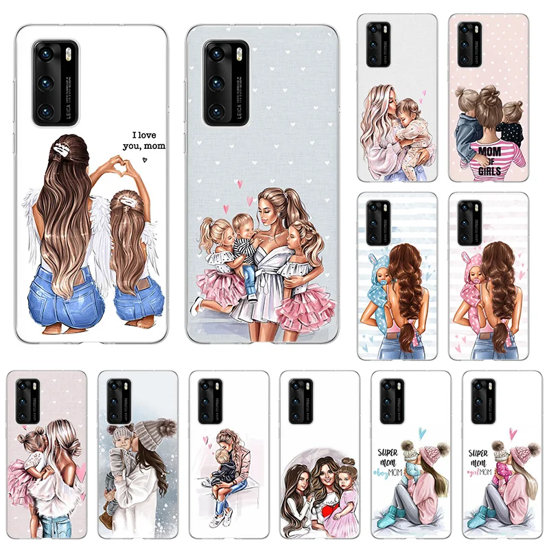 soft tpu phone case for huawei p50 p40 lite p30 pro p20 y7a y8s y5 y6 y7 2019 p smart z black brown hair baby mom girl son cover free global shipping