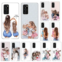 Soft TPU Phone Case for Huawei P50 P40 Lite P30 Pro P20 Y7A Y8S 2019 P-Smart Black Brown Hair Baby Mom Girl Son Cover