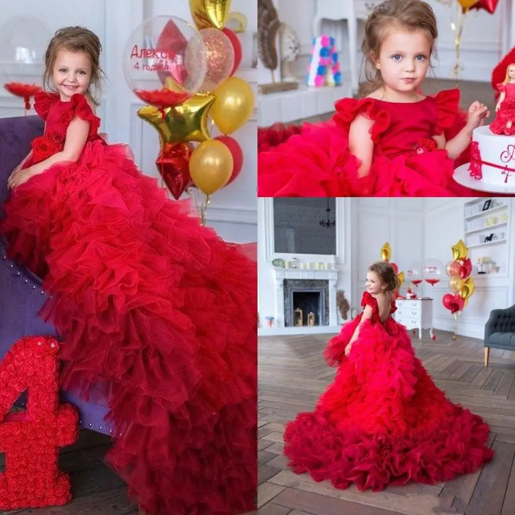 

Lovely Red Flower Girls Dresses For Weddings Jewel Neck Tiered Ruffles Sweep Train Birthday Girl Communion Pageant Dress Girl