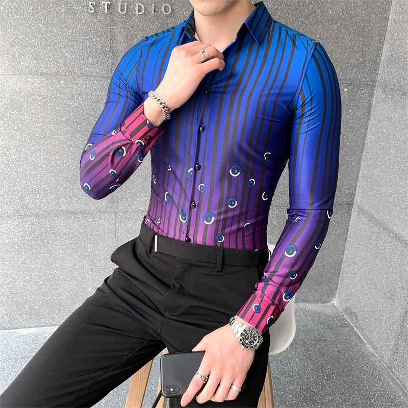 

Fashion Gradient Color Striped Shirt For Men Korean Style Slim Fit Fancy Prom Party Club Wedding Shirt Man Long Sleeve V428
