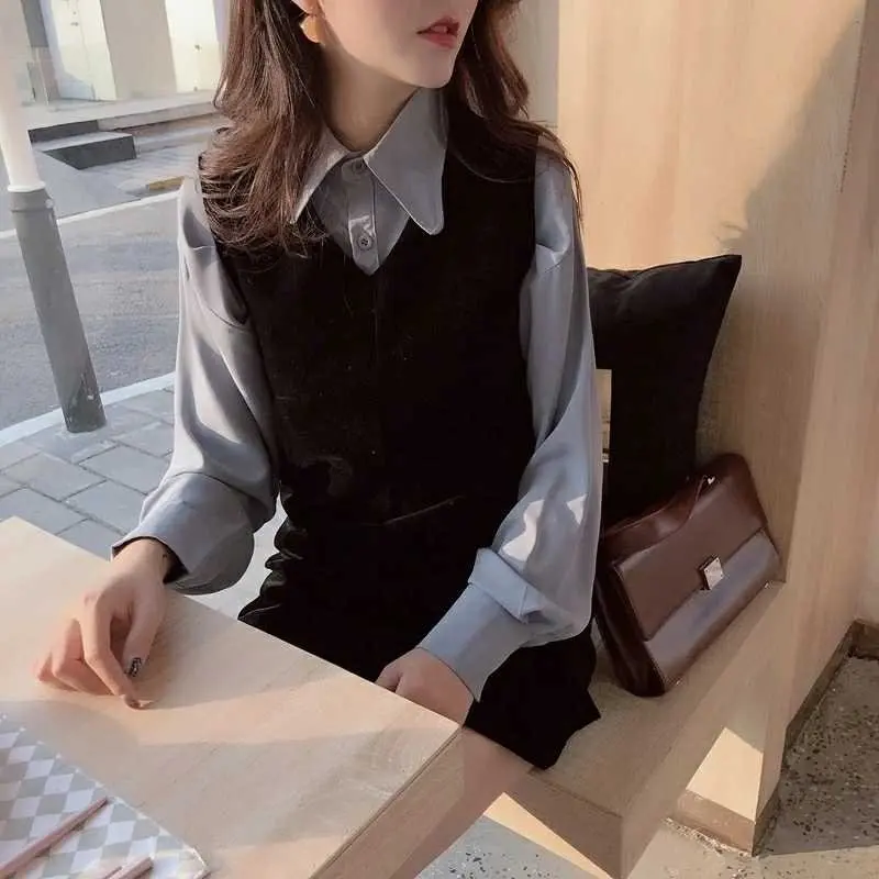 Блузка Женская Повседневная с длинным рукавом свободная рубашка в Корейском