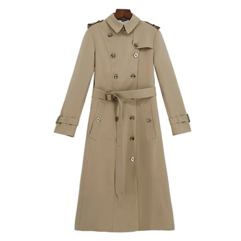 Женский двубортный Тренч средней длины приталенный плащ цвета хаки с поясом и