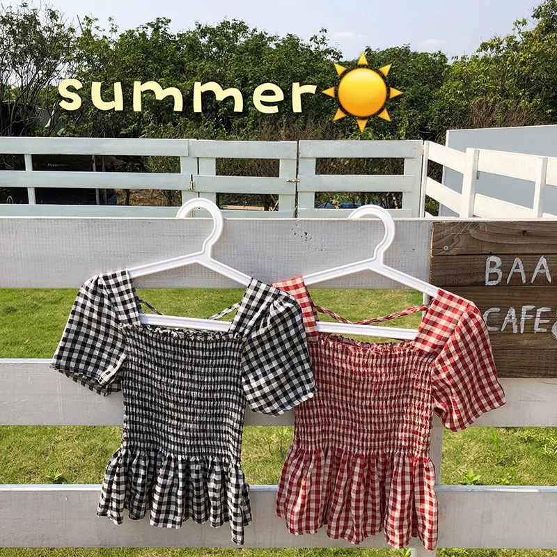

Women Elastic Plaid Blouse Summer Sweet Short Sleeve Square Collar Ruffles Shirt Female Slim Girl Casual Tops