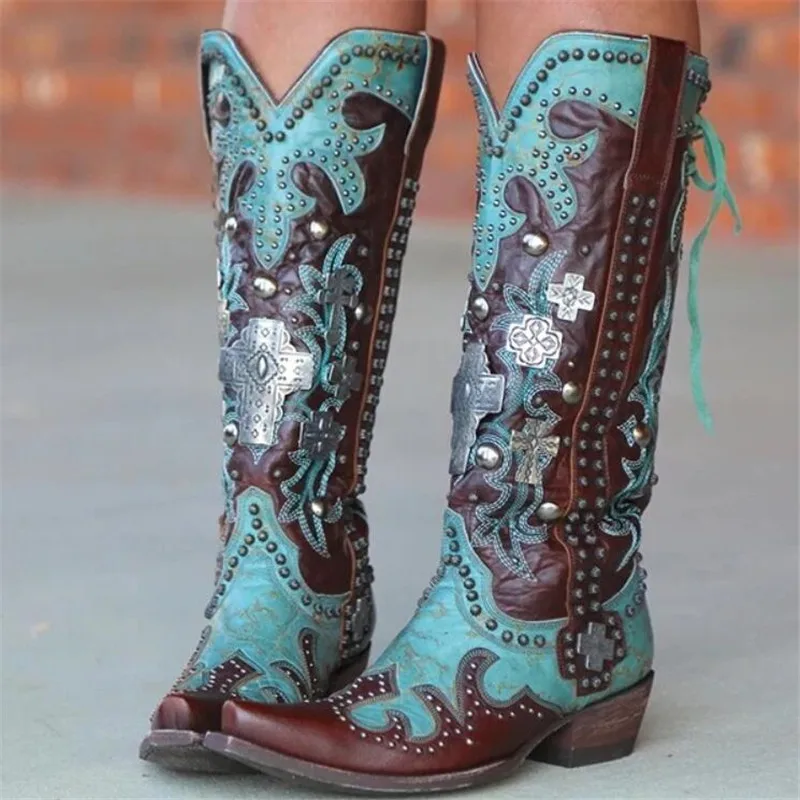 

2021 autumn and winter women's boots new ladies high heels pointed thick heel 35-43 high tube rivet embroidery knight boots