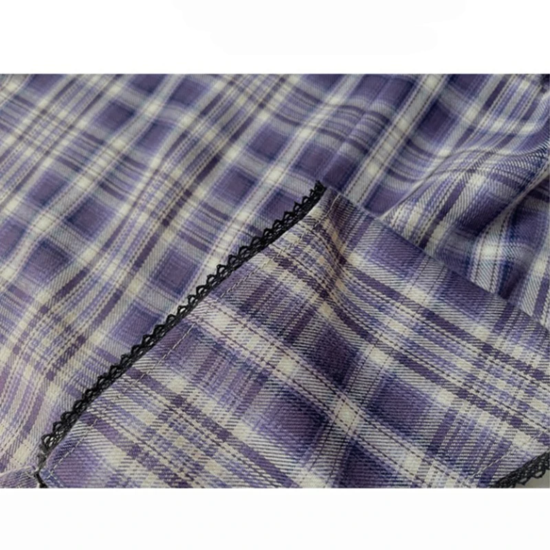 

Large Size Checked Mini Dress Women 2021 Summer New French Square Neck Puff Sleeve High Waist Lace Patchwork Purple Plaid Dress