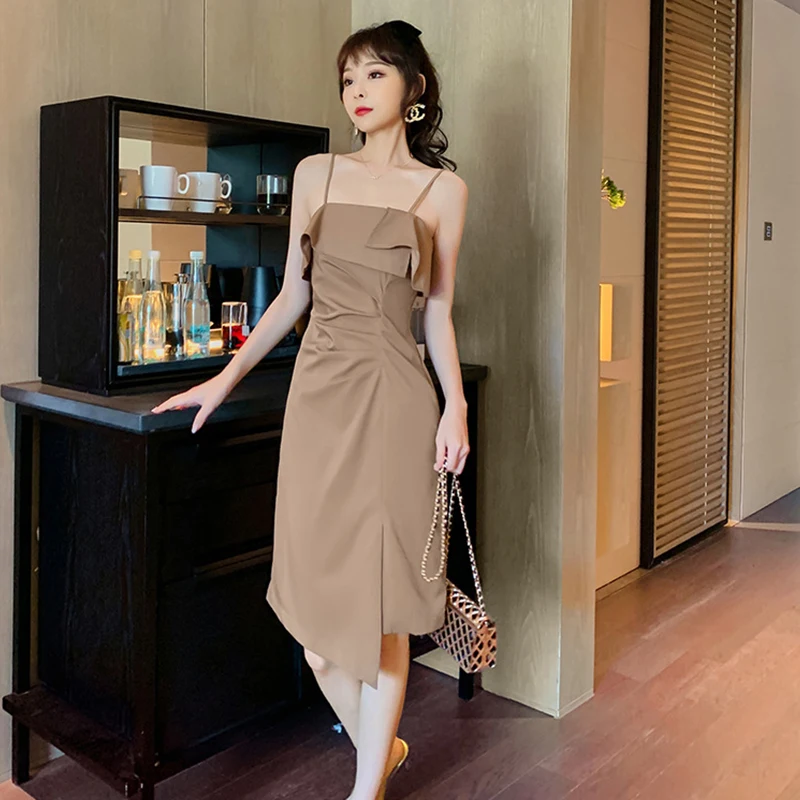 

Fashion Vintage Sexy Strap Sleeveless Midi Party Dress Ladies Elegant Casual Chic Ruffle Folds Female Asymmetrical Split Dress
