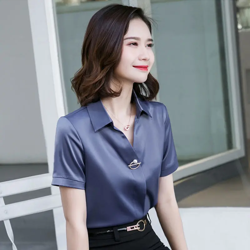 

Women Spring Summer Chiffon Blouses Women Short Sleeve Turn-Down Collar Office Lady Shirt Temperament Women Formal Tops DF3655